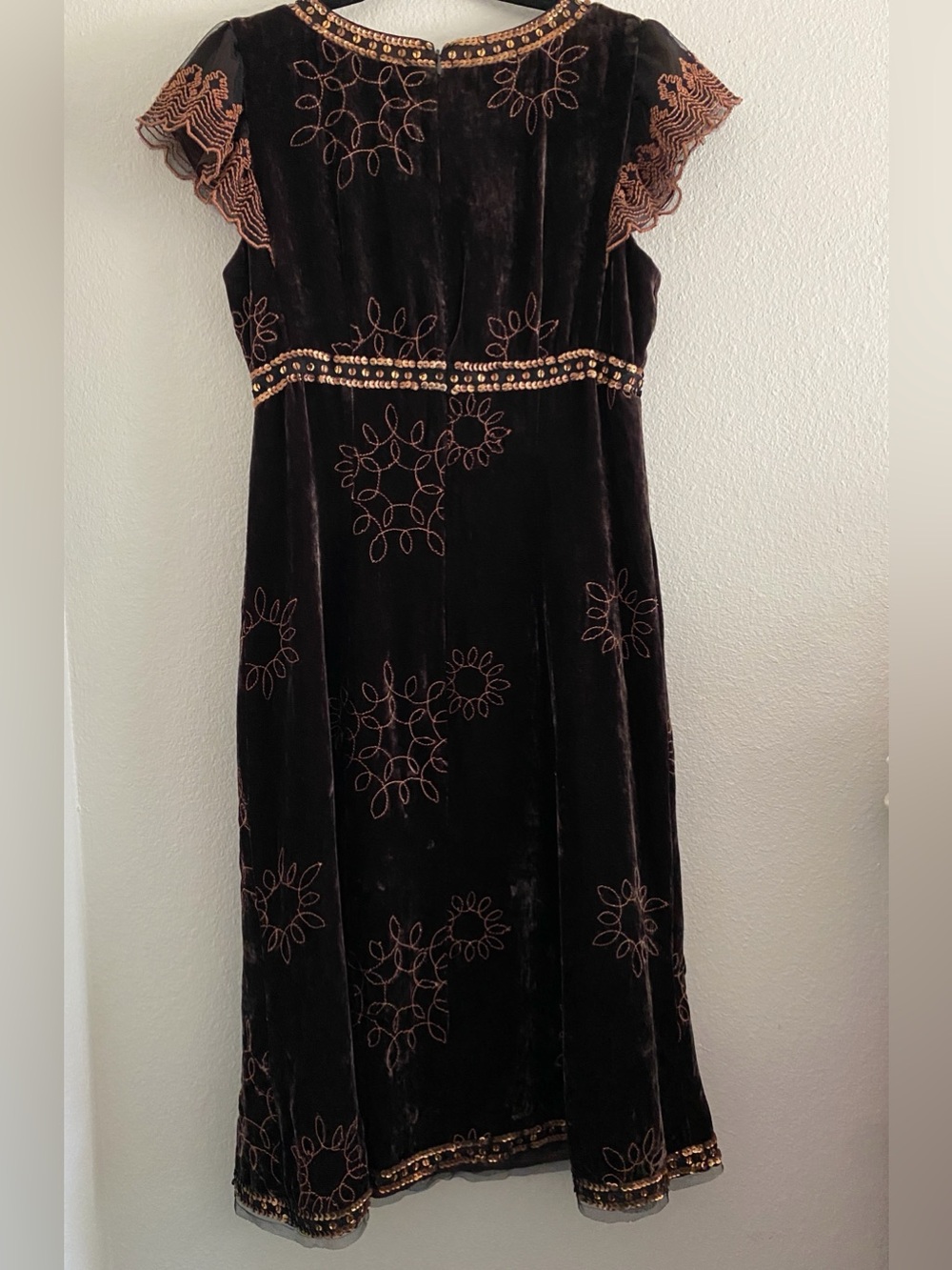 Vintage Nanette Lepore Velvet Dress Brown Embroidered Sequin Y2K - Picture 2 of 6
